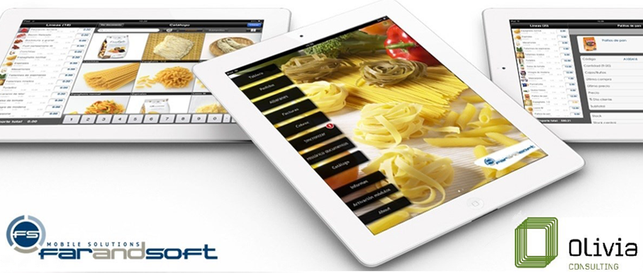 Ipads con pantallas de catálogo digital para ventas para el sector alimentación y logotipo farandsoft y olivia consulting